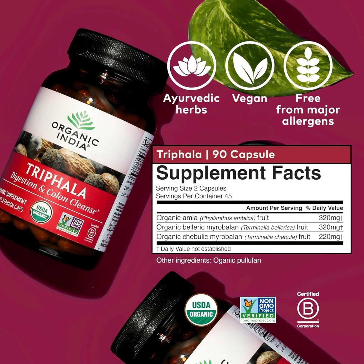 ORGANIC INDIA Triphala Kapseln Bio – Pflanzliches Nahrungsergänzungsmittel mit Amla, Bibhitaki, Haritaki für Verdauung & Darmunterstützung, Immunsystem, Adaptogen, Vegan, USDA Bio – 60 Kapseln