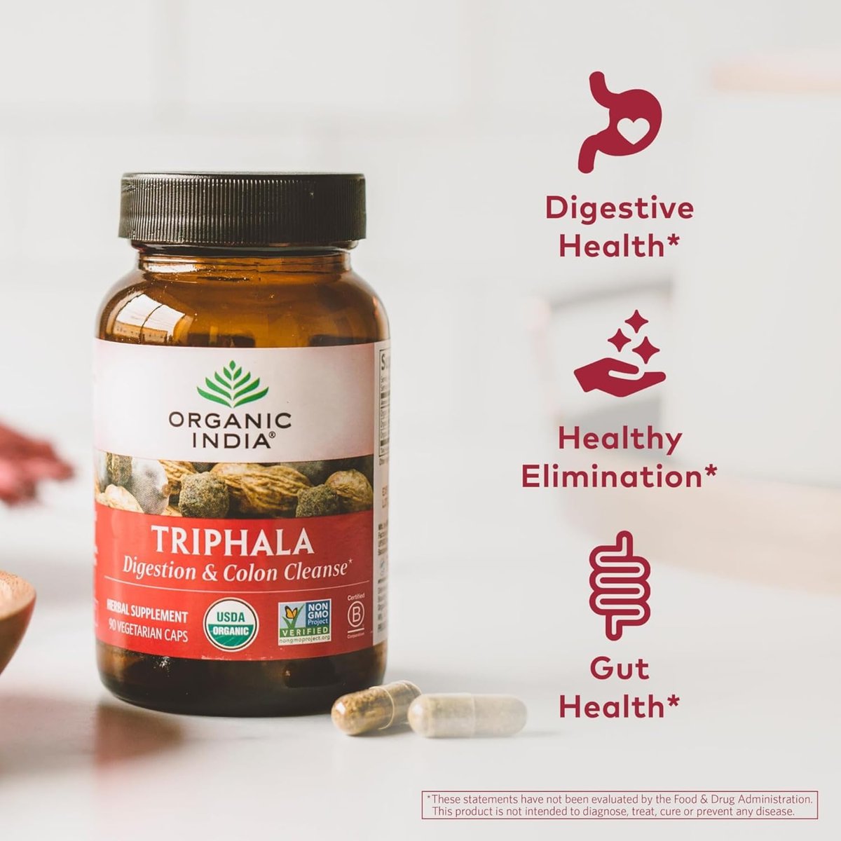 ORGANIC INDIA Triphala Kapseln Bio – Pflanzliches Nahrungsergänzungsmittel mit Amla, Bibhitaki, Haritaki für Verdauung & Darmunterstützung, Immunsystem, Adaptogen, Vegan, USDA Bio – 60 Kapseln
