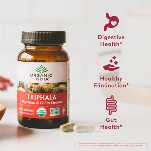 ORGANIC INDIA Triphala Kapseln Bio – Pflanzliches Nahrungsergänzungsmittel mit Amla, Bibhitaki, Haritaki für Verdauung & Darmunterstützung, Immunsystem, Adaptogen, Vegan, USDA Bio – 60 Kapseln