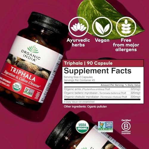 ORGANIC INDIA Triphala Kapseln Bio – Pflanzliches Nahrungsergänzungsmittel mit Amla, Bibhitaki, Haritaki für Verdauung & Darmunterstützung, Immunsystem, Adaptogen, Vegan, USDA Bio – 60 Kapseln