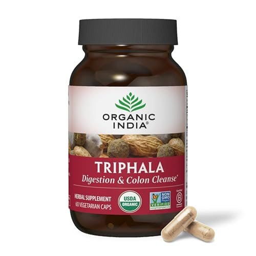 ORGANIC INDIA Triphala Kapseln Bio – Pflanzliches Nahrungsergänzungsmittel mit Amla, Bibhitaki, Haritaki für Verdauung & Darmunterstützung, Immunsystem, Adaptogen, Vegan, USDA Bio – 60 Kapseln