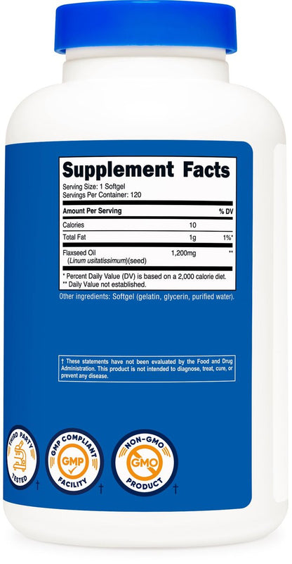 Nutricost Leinöl 1200 mg, 120 Weichkapseln – GMO-frei, glutenfrei