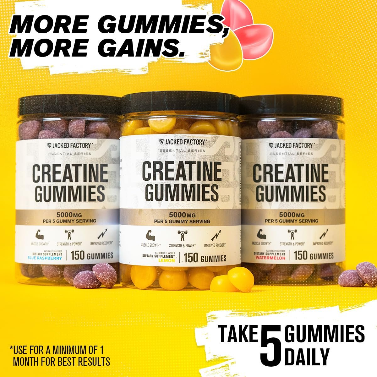 Jacked Factory Creatin-Monohydrat Gummibärchen – 5g Tagesdosis (1g pro Gummibärchen) – Vegan, reisefreundlich, drittanbietergetestet – 150 Gummibärchen, Wassermelone