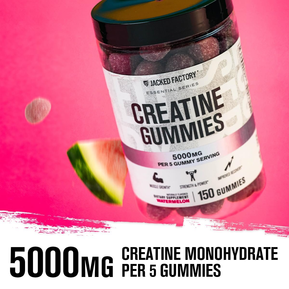 Jacked Factory Creatin-Monohydrat Gummibärchen – 5g Tagesdosis (1g pro Gummibärchen) – Vegan, reisefreundlich, drittanbietergetestet – 150 Gummibärchen, Wassermelone