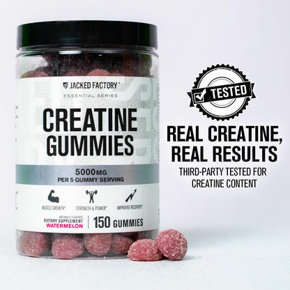 Jacked Factory Creatin-Monohydrat Gummibärchen – 5g Tagesdosis (1g pro Gummibärchen) – Vegan, reisefreundlich, drittanbietergetestet – 150 Gummibärchen, Wassermelone