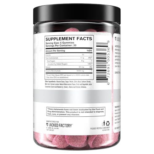 Jacked Factory Creatin-Monohydrat Gummibärchen – 5g Tagesdosis (1g pro Gummibärchen) – Vegan, reisefreundlich, drittanbietergetestet – 150 Gummibärchen, Wassermelone