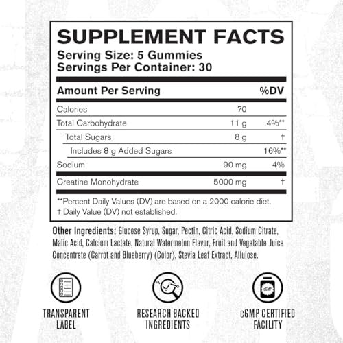 Jacked Factory Creatin-Monohydrat Gummibärchen – 5g Tagesdosis (1g pro Gummibärchen) – Vegan, reisefreundlich, drittanbietergetestet – 150 Gummibärchen, Wassermelone