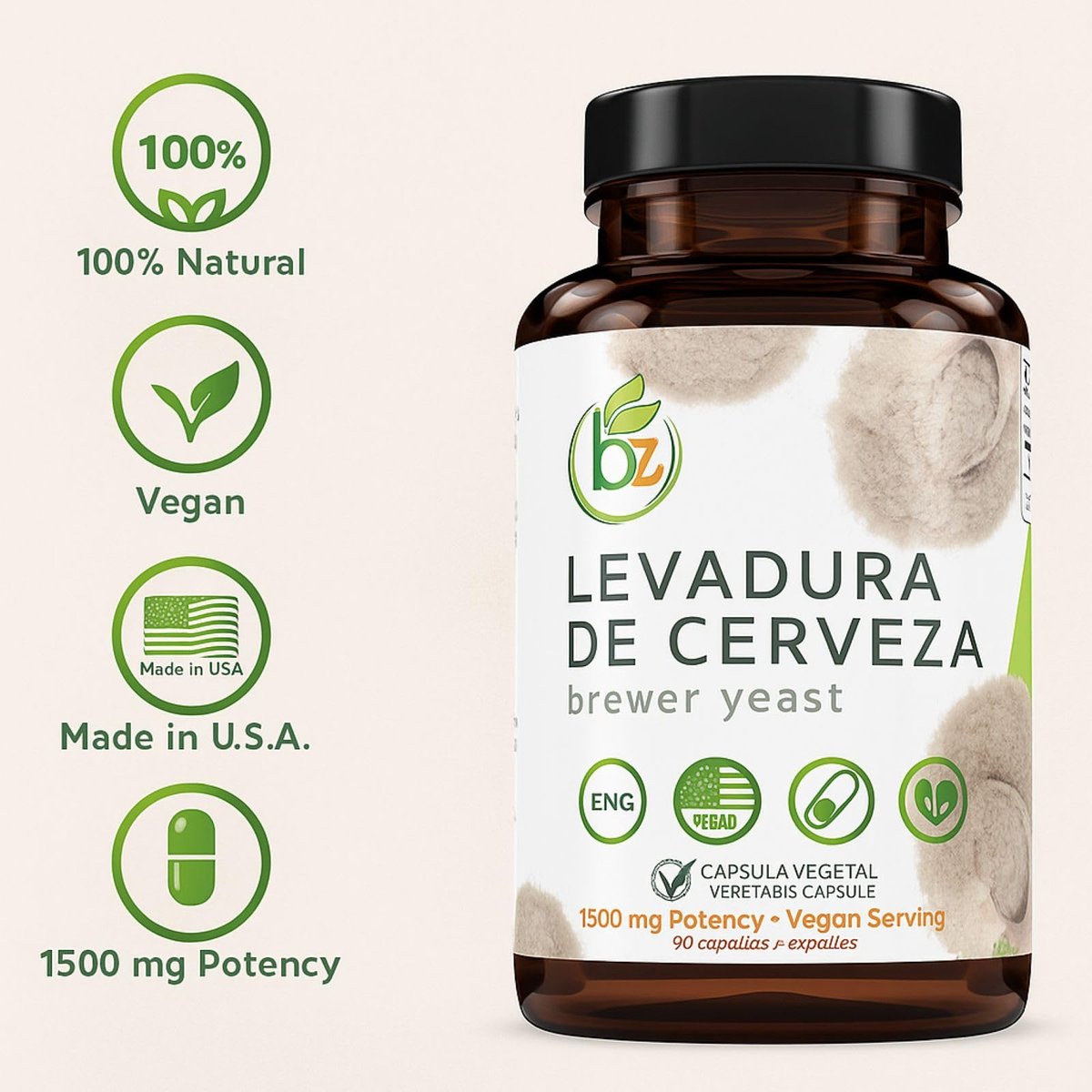 B-Experts Levadura De Cerveza – 1500 mg pro Portion, 90 Veggie-Kapseln – 100 % natürliches Nährstoff-Kraftpaket für Verdauung & Immunsystem | Nahrungsergänzungsmittel