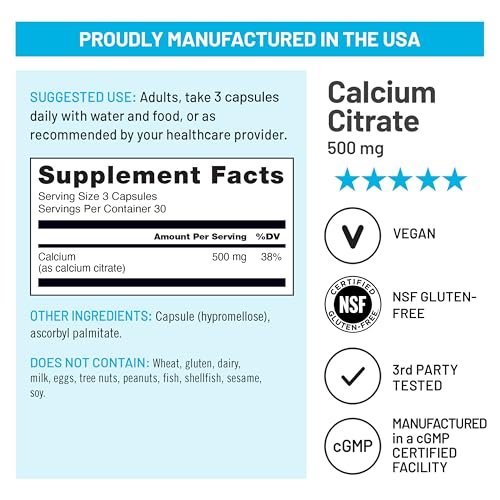 NatureWise Calcium Citrat 500mg Kapseln – Nahrungsergänzung für Knochengesundheit – Leicht verdaulich & absorbierbar – Vegan, Nicht-GVO, Glutenfrei – 90 Kapseln (30-Tage-Vorrat)