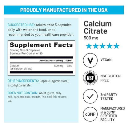 NatureWise Calcium Citrat 500mg Kapseln – Nahrungsergänzung für Knochengesundheit – Leicht verdaulich & absorbierbar – Vegan, Nicht-GVO, Glutenfrei – 90 Kapseln (30-Tage-Vorrat)