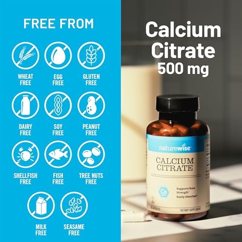 NatureWise Calcium Citrat 500mg Kapseln – Nahrungsergänzung für Knochengesundheit – Leicht verdaulich & absorbierbar – Vegan, Nicht-GVO, Glutenfrei – 90 Kapseln (30-Tage-Vorrat)