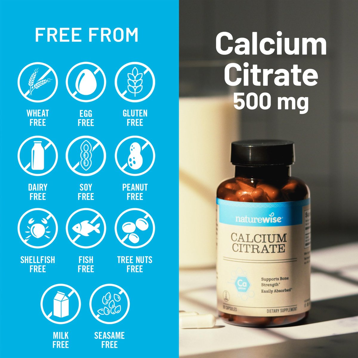 NatureWise Calcium Citrat 500mg Kapseln – Nahrungsergänzung für Knochengesundheit – Leicht verdaulich & absorbierbar – Vegan, Nicht-GVO, Glutenfrei – 90 Kapseln (30-Tage-Vorrat)
