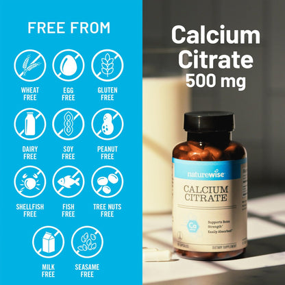NatureWise Calcium Citrat 500mg Kapseln – Nahrungsergänzung für Knochengesundheit – Leicht verdaulich & absorbierbar – Vegan, Nicht-GVO, Glutenfrei – 90 Kapseln (30-Tage-Vorrat)
