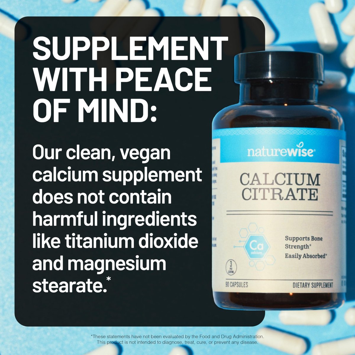 NatureWise Calcium Citrat 500mg Kapseln – Nahrungsergänzung für Knochengesundheit – Leicht verdaulich & absorbierbar – Vegan, Nicht-GVO, Glutenfrei – 90 Kapseln (30-Tage-Vorrat)