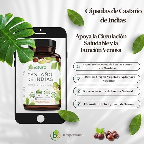 Castaño de Indias (Rosskastanie) Kapseln – 1500 mg pro Portion, 90 vegane Kapseln, 100% natürliches Premium-Nahrungsergänzungsmittel, Hergestellt in den USA – Unterstützt Kreislauf- und Venengesundheit