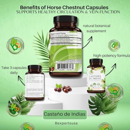 Castaño de Indias (Rosskastanie) Kapseln – 1500 mg pro Portion, 90 vegane Kapseln, 100% natürliches Premium-Nahrungsergänzungsmittel, Hergestellt in den USA – Unterstützt Kreislauf- und Venengesundheit
