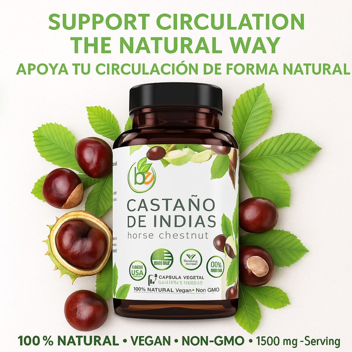 Castaño de Indias (Rosskastanie) Kapseln – 1500 mg pro Portion, 90 vegane Kapseln, 100% natürliches Premium-Nahrungsergänzungsmittel, Hergestellt in den USA – Unterstützt Kreislauf- und Venengesundheit