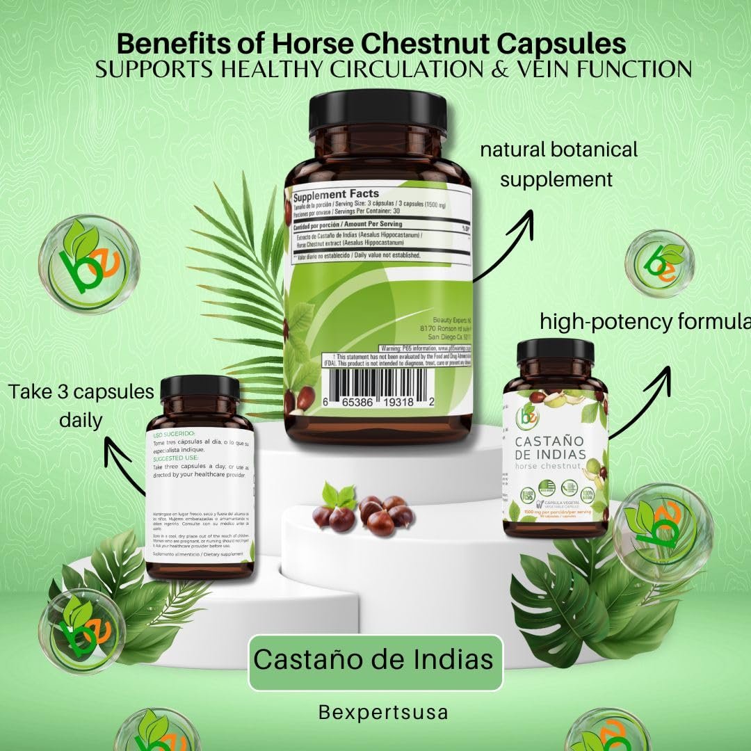 Castaño de Indias (Rosskastanie) Kapseln – 1500 mg pro Portion, 90 vegane Kapseln, 100% natürliches Premium-Nahrungsergänzungsmittel, Hergestellt in den USA – Unterstützt Kreislauf- und Venengesundheit