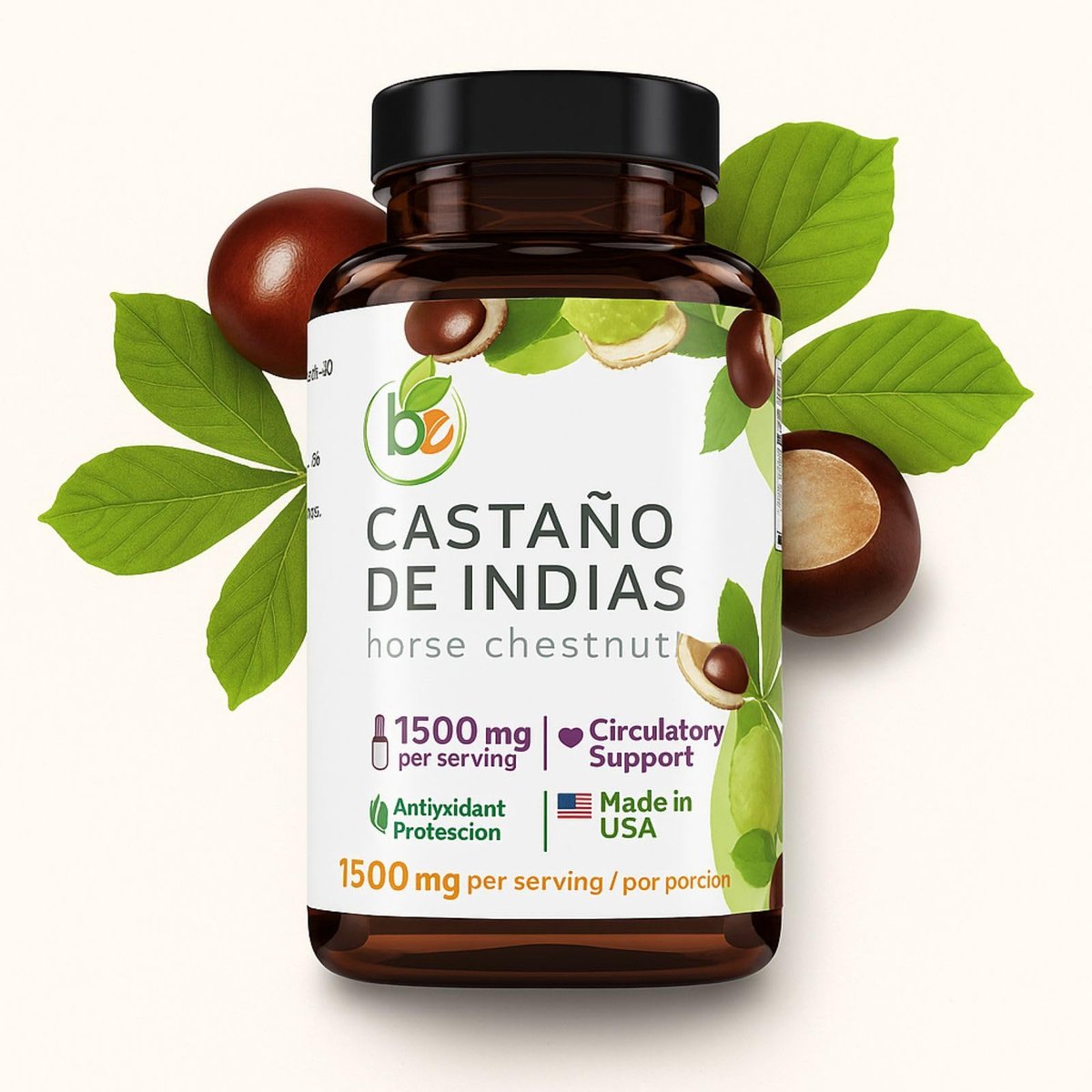 Castaño de Indias (Rosskastanie) Kapseln – 1500 mg pro Portion, 90 vegane Kapseln, 100% natürliches Premium-Nahrungsergänzungsmittel, Hergestellt in den USA – Unterstützt Kreislauf- und Venengesundheit