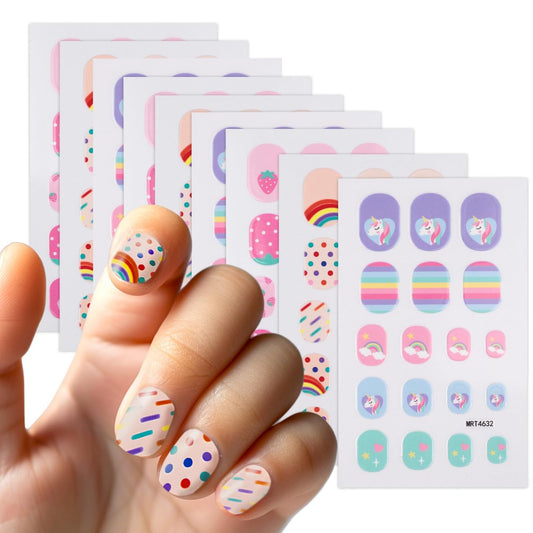 9 Blatt selbstklebende bunte Nagelaufkleber für lustige Nagelkunst: Sonnen-, Blumen-, Regenbogen-, Erdbeer-, Katzen-, Herz- und Hasenmotive