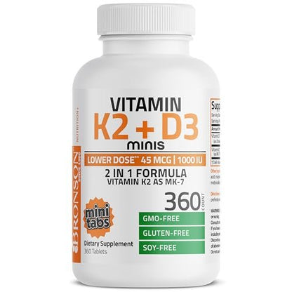 Bronson Vitamin K2 (MK7) mit D3 – niedrige Dosis: 45 µg K2 & 1000 IE D3 – 360 Mini-Tabletten