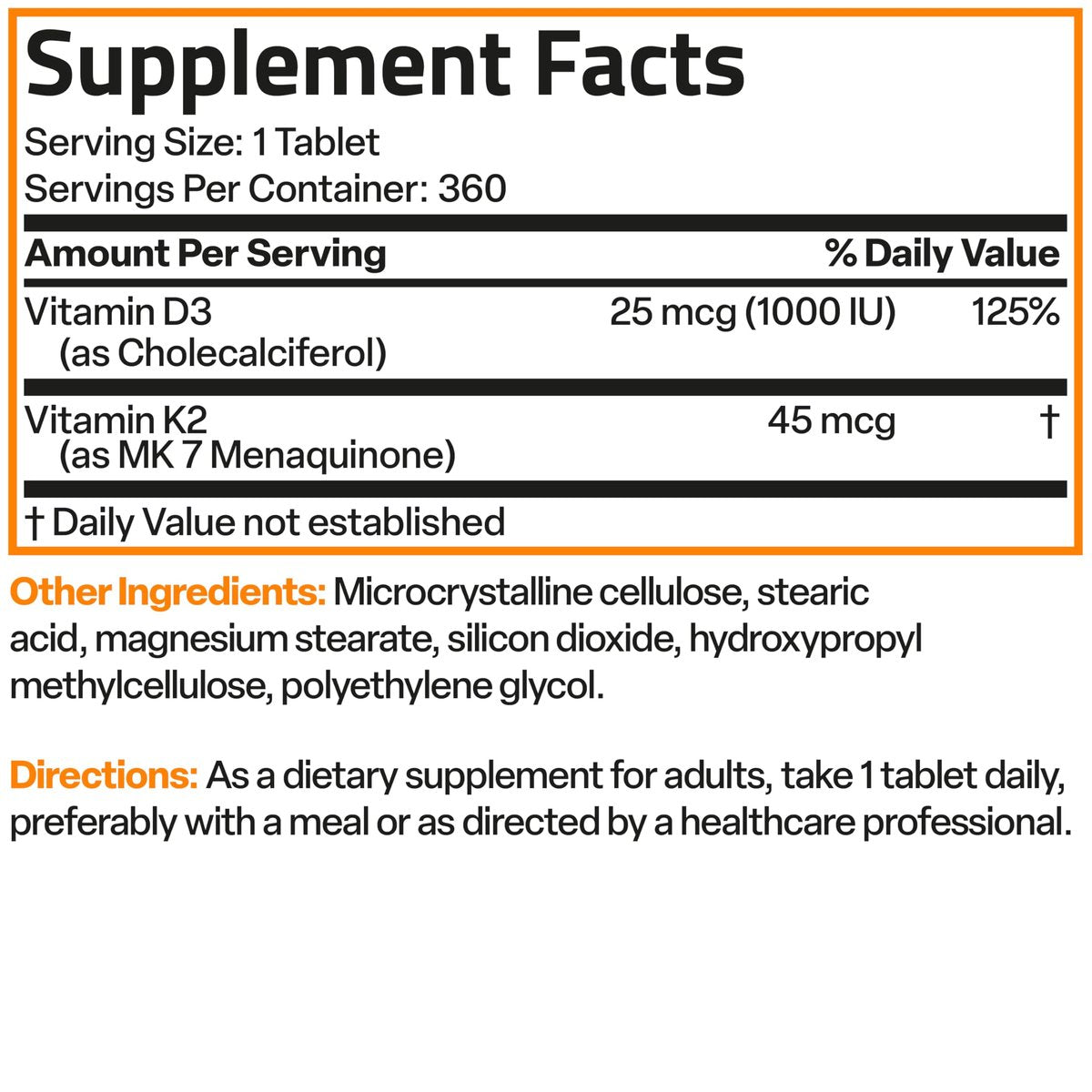 Bronson Vitamin K2 (MK7) mit D3 – niedrige Dosis: 45 µg K2 & 1000 IE D3 – 360 Mini-Tabletten