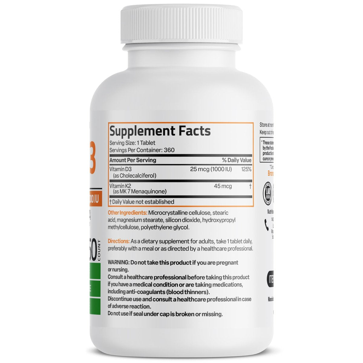Bronson Vitamin K2 (MK7) mit D3 – niedrige Dosis: 45 µg K2 & 1000 IE D3 – 360 Mini-Tabletten