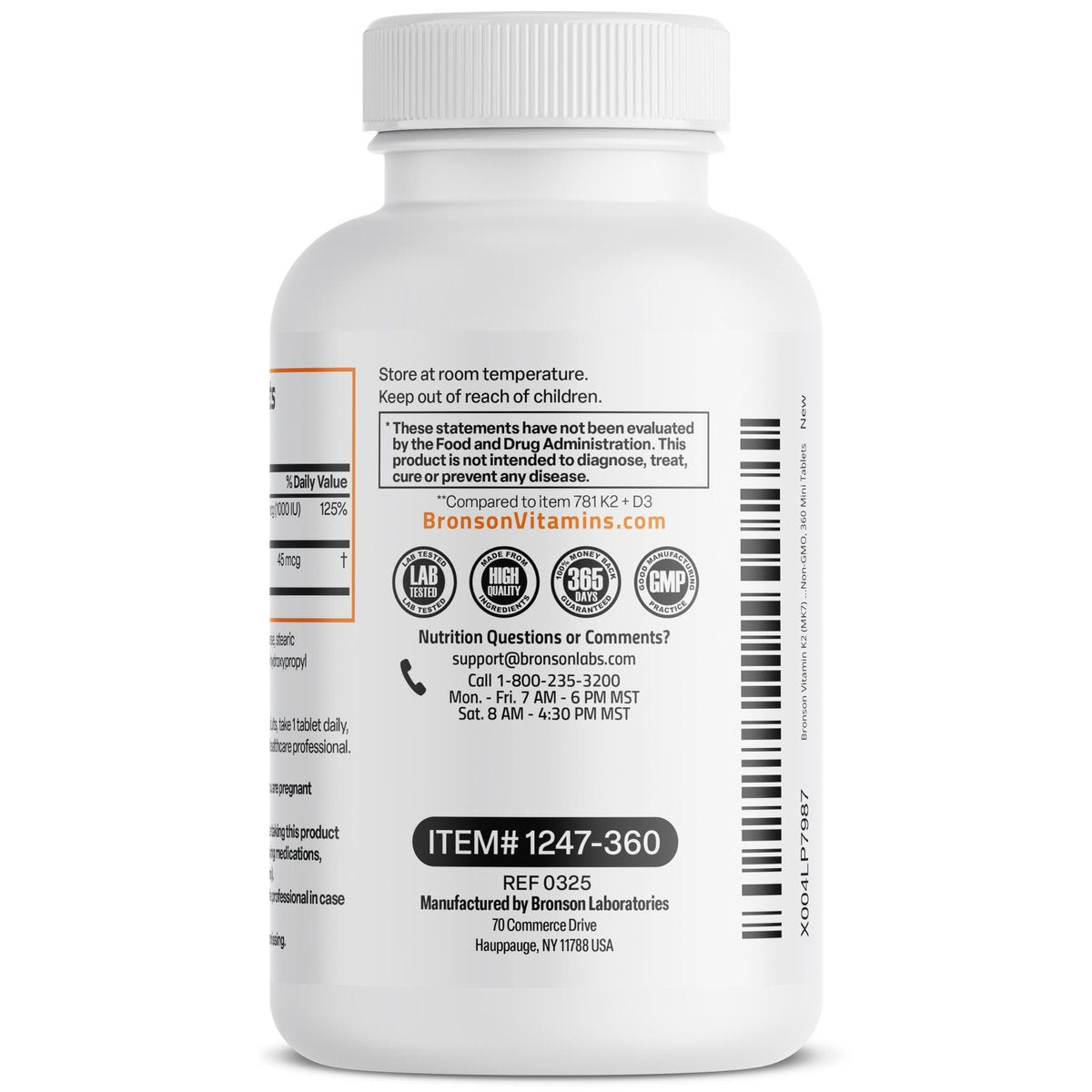 Bronson Vitamin K2 (MK7) mit D3 – niedrige Dosis: 45 µg K2 & 1000 IE D3 – 360 Mini-Tabletten