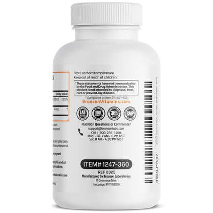 Bronson Vitamin K2 (MK7) mit D3 – niedrige Dosis: 45 µg K2 & 1000 IE D3 – 360 Mini-Tabletten