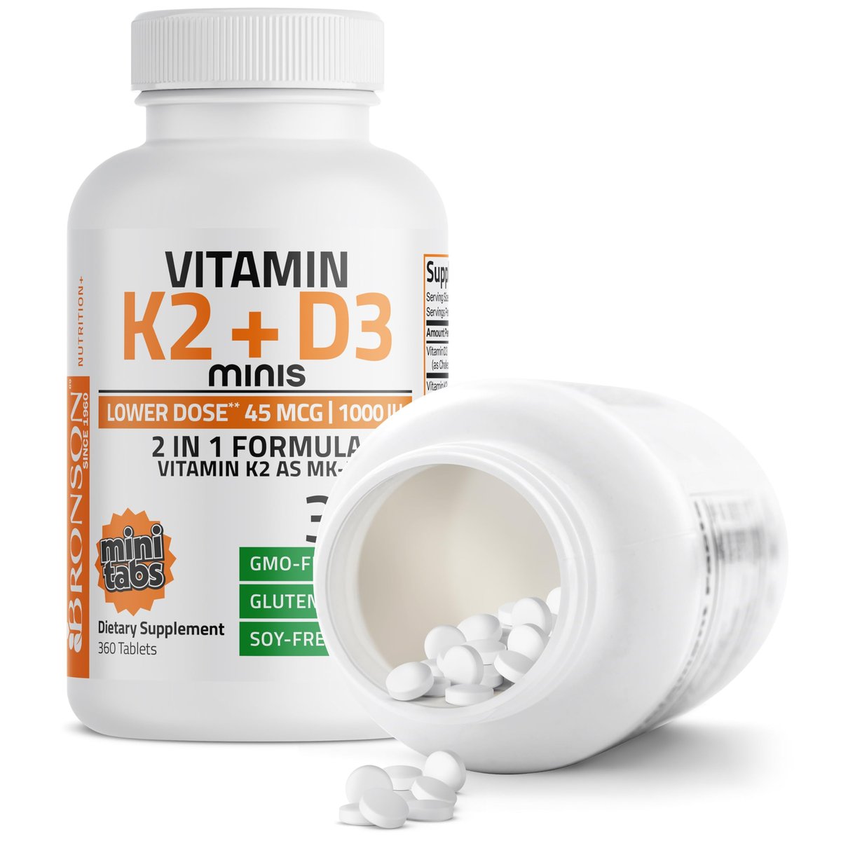 Bronson Vitamin K2 (MK7) mit D3 – niedrige Dosis: 45 µg K2 & 1000 IE D3 – 360 Mini-Tabletten