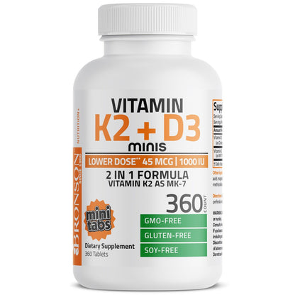Bronson Vitamin K2 (MK7) mit D3 – niedrige Dosis: 45 µg K2 & 1000 IE D3 – 360 Mini-Tabletten
