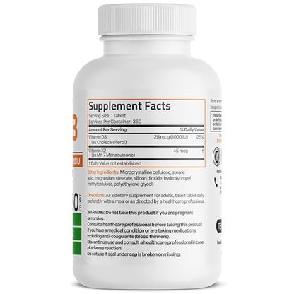 Bronson Vitamin K2 (MK7) mit D3 – niedrige Dosis: 45 µg K2 & 1000 IE D3 – 360 Mini-Tabletten