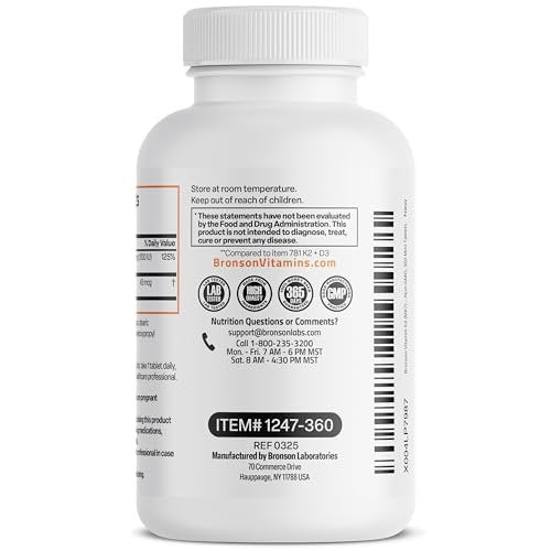Bronson Vitamin K2 (MK7) mit D3 – niedrige Dosis: 45 µg K2 & 1000 IE D3 – 360 Mini-Tabletten