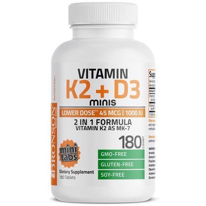 Bronson Vitamin K2 (MK7) mit D3 – Niedrige Dosis: 45 µg K2 & 1000 IE D3 – Tägliche Erhaltungsdosis – 2-in-1-Formel – Non-GMO, 180 Mini-Tabletten