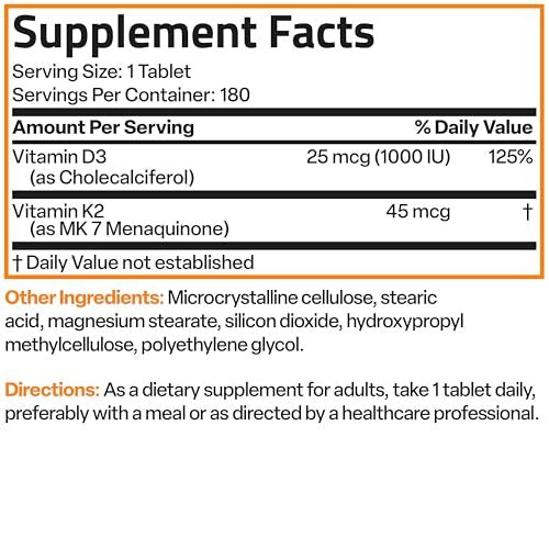 Bronson Vitamin K2 (MK7) mit D3 – niedrige Dosis: 45 µg K2 & 1000 IE D3 – 360 Mini-Tabletten