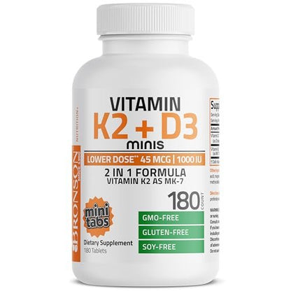Bronson Vitamin K2 (MK7) mit D3 – Niedrige Dosis: 45 µg K2 & 1000 IE D3 – Tägliche Erhaltungsdosis – 2-in-1-Formel – Non-GMO, 180 Mini-Tabletten