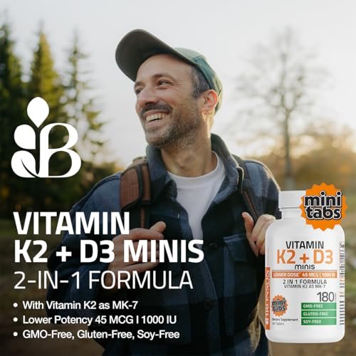 Bronson Vitamin K2 (MK7) mit D3 – Niedrige Dosis: 45 µg K2 & 1000 IE D3 – Tägliche Erhaltungsdosis – 2-in-1-Formel – Non-GMO, 180 Mini-Tabletten