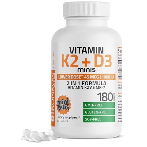 Bronson Vitamin K2 (MK7) mit D3 – Niedrige Dosis: 45 µg K2 & 1000 IE D3 – Tägliche Erhaltungsdosis – 2-in-1-Formel – Non-GMO, 180 Mini-Tabletten