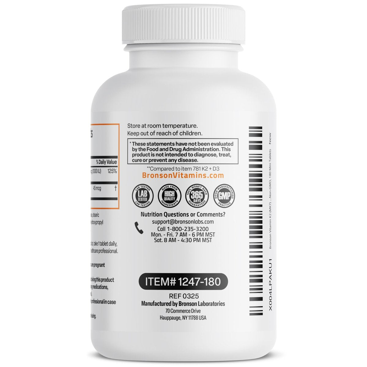 Bronson Vitamin K2 (MK7) mit D3 – Niedrige Dosis: 45 µg K2 & 1000 IE D3 – Tägliche Erhaltungsdosis – 2-in-1-Formel – Non-GMO, 180 Mini-Tabletten