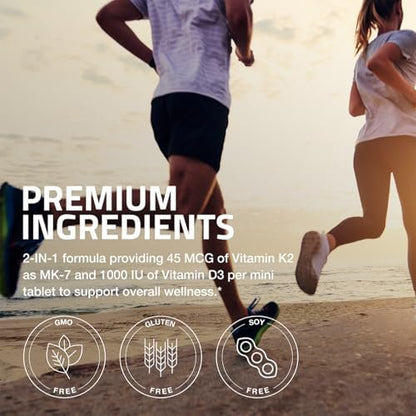Bronson Vitamin K2 (MK7) mit D3 – Niedrige Dosis: 45 µg K2 & 1000 IE D3 – Tägliche Erhaltungsdosis – 2-in-1-Formel – Non-GMO, 180 Mini-Tabletten