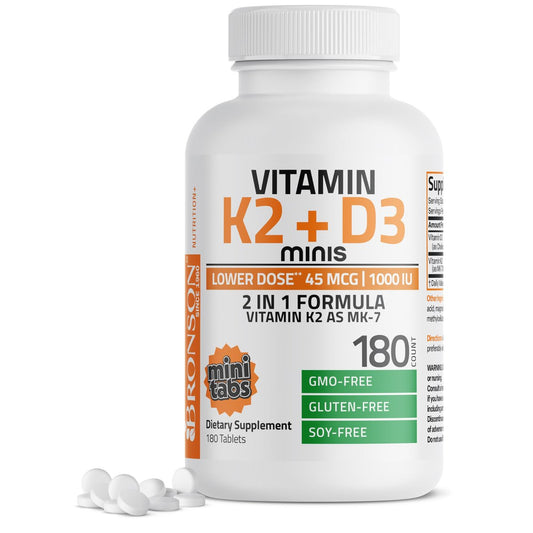 Bronson Vitamin K2 (MK7) mit D3 – Niedrige Dosis: 45 µg K2 & 1000 IE D3 – Tägliche Erhaltungsdosis – 2-in-1-Formel – Non-GMO, 180 Mini-Tabletten