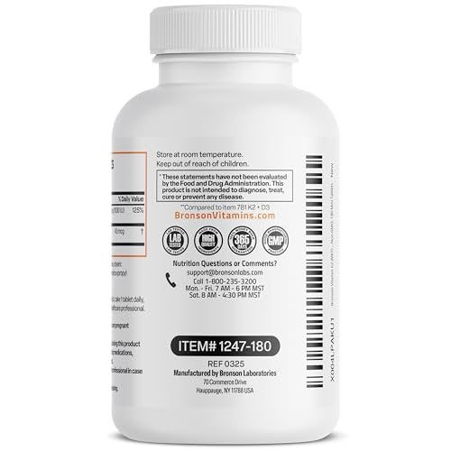 Bronson Vitamin K2 (MK7) mit D3 – Niedrige Dosis: 45 µg K2 & 1000 IE D3 – Tägliche Erhaltungsdosis – 2-in-1-Formel – Non-GMO, 180 Mini-Tabletten