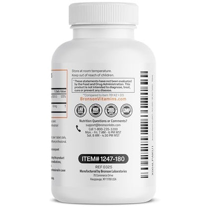 Bronson Vitamin K2 (MK7) mit D3 – Niedrige Dosis: 45 µg K2 & 1000 IE D3 – Tägliche Erhaltungsdosis – 2-in-1-Formel – Non-GMO, 180 Mini-Tabletten
