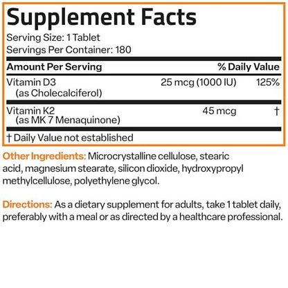 Bronson Vitamin K2 (MK7) mit D3 – Niedrige Dosis: 45 µg K2 & 1000 IE D3 – Tägliche Erhaltungsdosis – 2-in-1-Formel – Non-GMO, 180 Mini-Tabletten