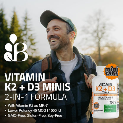 Bronson Vitamin K2 (MK7) mit D3 – Niedrige Dosis: 45 µg K2 & 1000 IE D3 – Tägliche Erhaltungsdosis – 2-in-1-Formel – Non-GMO, 180 Mini-Tabletten