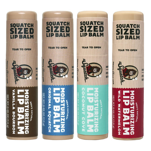 Dr. Squatch Natural Lip Balm für Männer – Lippenpflege für trockene, rissige Lippen – mit Kokosöl, Sheabutter & Bienenwachs – Original Squatch, Vanille Bourbon, Coconut Cove, Wild Watermelon (0,25 oz, 4er-Pack)