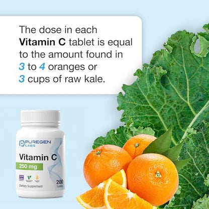 Puregen Labs Vitamin C 250 mg – Unterstützt ein gesundes Immunsystem & antioxidativen Schutz | Nicht-GVO | Glutenfrei – 200 Tabletten