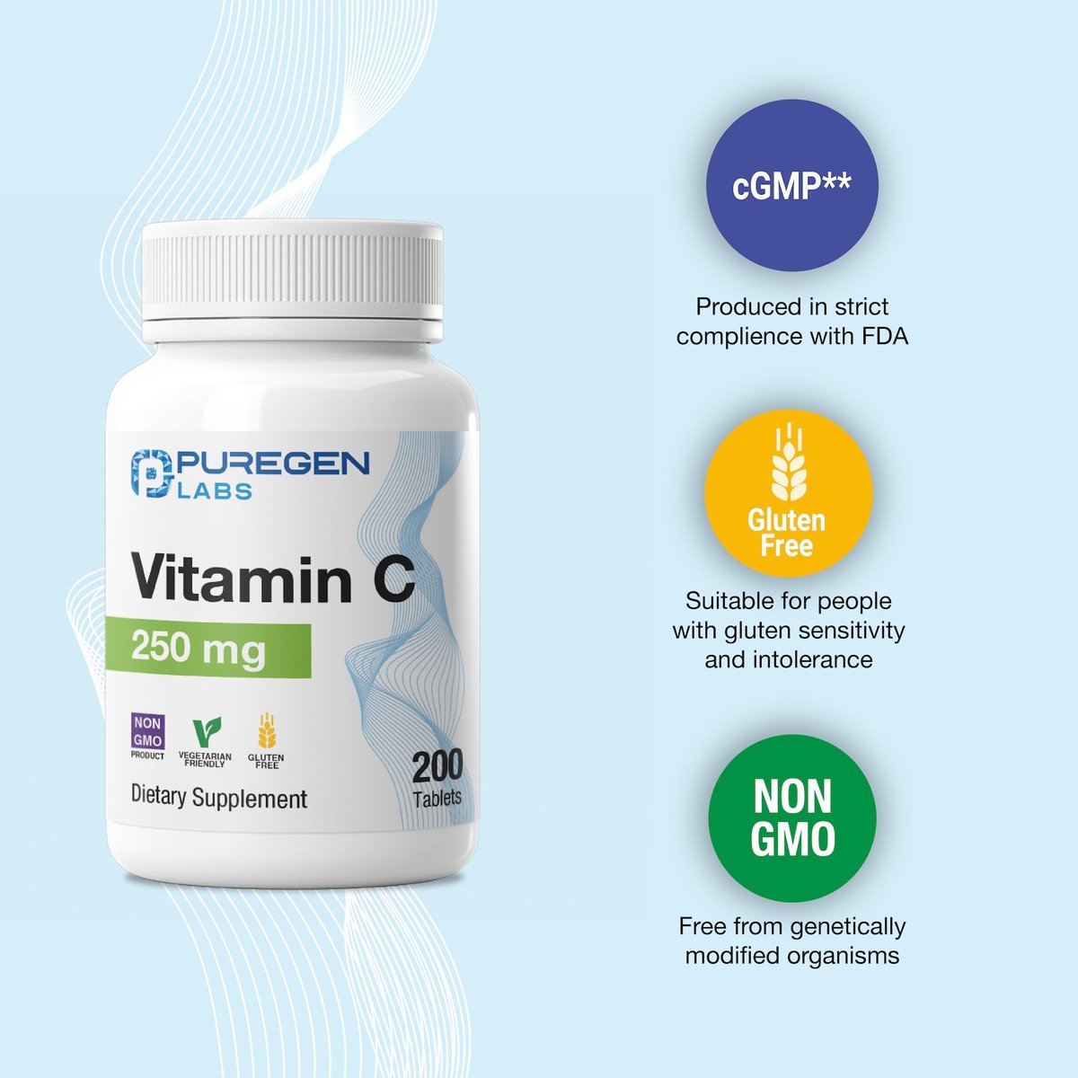 Puregen Labs Vitamin C 250 mg – Unterstützt ein gesundes Immunsystem & antioxidativen Schutz | Nicht-GVO | Glutenfrei – 200 Tabletten