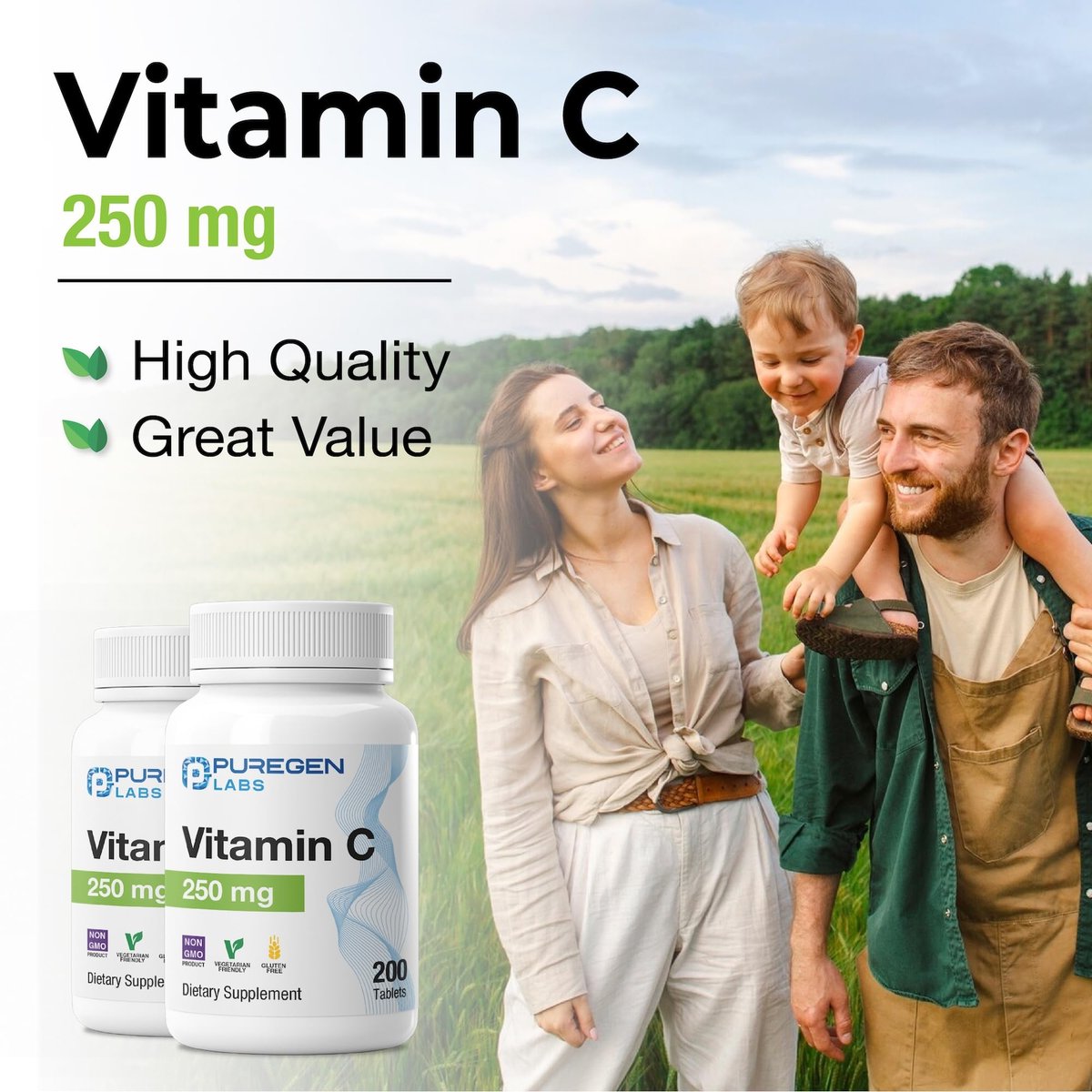 Puregen Labs Vitamin C 250 mg – Unterstützt ein gesundes Immunsystem & antioxidativen Schutz | Nicht-GVO | Glutenfrei – 200 Tabletten