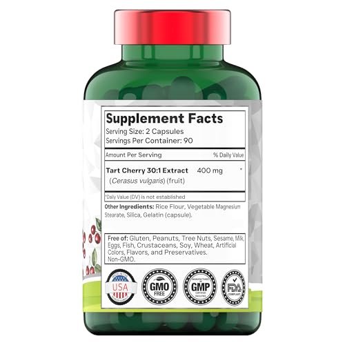 Tart Cherry Kapseln 400 mg mit 30:1 Extrakt pro Portion - 180 Kapseln | Hochwirksamer Sauerkirsch-Extrakt für Gelenke, Schlaf & Erholung* | Reich an Antioxidantien | Ohne Gentechnik | Hergestellt in den USA!